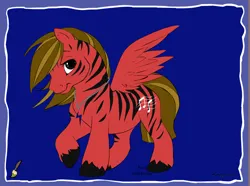 Size: 805x599 | Tagged: safe, artist:superwoodymatthew, derpibooru import, oc, oc:tiger symphony, unofficial characters only, pegasus, pony, black eye, blonde mane, blonde tail, blue background, image, jewelry, male, music notes, necklace, original character do not steal, png, pony maker, red and black oc, simple background, solo, tail, unshorn fetlocks, wings