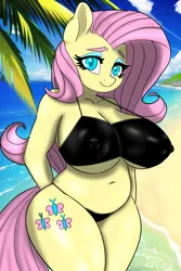 Size: 512x768 | Tagged: suggestive, artist:furry_funnychan, derpibooru import, fluttershy, anthro, pegasus, beach, belly button, big breasts, bikini, black swimsuit, breasts, busty fluttershy, chubby, clothes, erect nipples, eyeshadow, female, hands behind back, huge breasts, image, looking at you, makeup, nipple outline, png, smiling, smiling at you, solo, solo female, swimsuit, wide hips