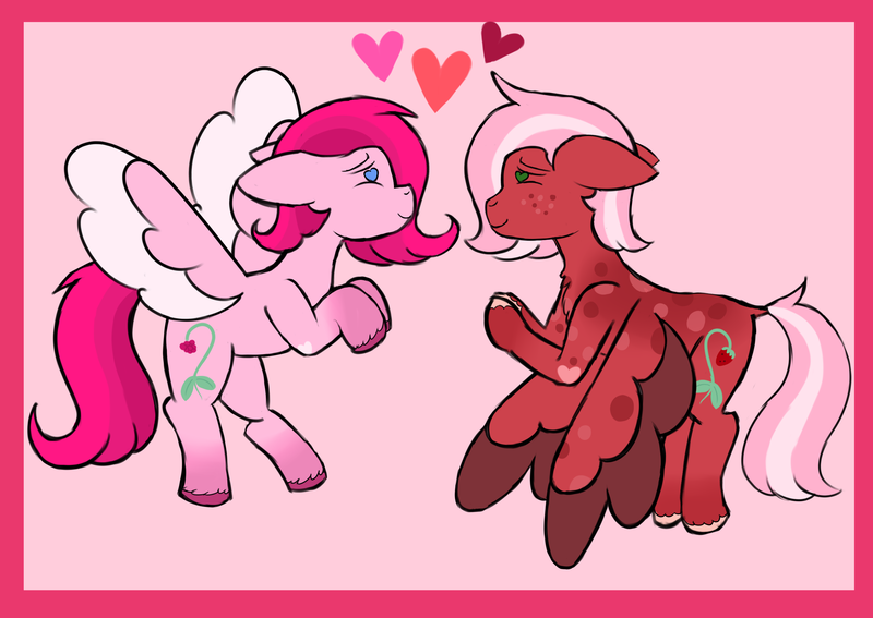 Size: 2400x1700 | Tagged: safe, artist:whimsicalseraph, derpibooru import, oc, oc:raspberry sorbet, oc:strawberry syrup, unofficial characters only, pegasus, pony, colored wings, duo, duo female, female, females only, floppy ears, heart, heart eyes, image, incest, lesbian, pegasus oc, png, siblings, simple background, twincest, twins, unshorn fetlocks, wingding eyes, wings