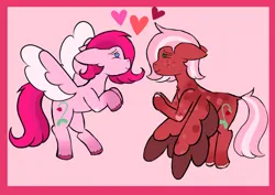 Size: 2400x1700 | Tagged: safe, artist:whimsicalseraph, derpibooru import, oc, oc:raspberry sorbet, oc:strawberry syrup, unofficial characters only, pegasus, pony, colored wings, duo, duo female, female, females only, floppy ears, heart, heart eyes, image, incest, lesbian, pegasus oc, png, siblings, simple background, twincest, twins, unshorn fetlocks, wingding eyes, wings