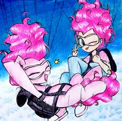 Size: 2082x2068 | Tagged: safe, artist:liaaqila, derpibooru import, pinkie pie, human, commission, goggles, humanized, image, jpeg, parachute, self paradox, self ponidox, skydiving, traditional art