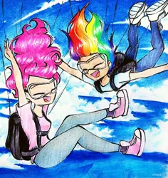 Size: 2101x2221 | Tagged: safe, artist:liaaqila, derpibooru import, pinkie pie, rainbow dash, human, commission, eyes closed, goggles, humanized, image, jpeg, parachute, skydiving, traditional art
