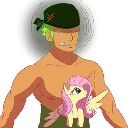 Size: 1715x1715 | Tagged: safe, artist:solarmantle, derpibooru import, fluttershy, human, pegasus, pony, anime, clothes, cross-popping veins, crossover, emanata, gritted teeth, image, jpeg, one piece, partial nudity, roronoa zoro, teeth, topless