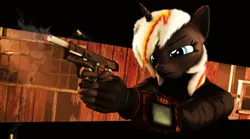 Size: 3544x1972 | Tagged: safe, artist:dark-fic, derpibooru import, oc, oc:velvet remedy, anthro, unicorn, fallout equestria, 3d, bullet, clothes, ear fluff, female, fluffy, gun, handgun, image, jacket, pipbuck, pistol, png, shooting, solo, solo female, source filmmaker, weapon