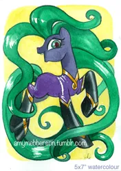 Size: 500x712 | Tagged: safe, artist:amymebberson, derpibooru import, mane-iac, earth pony, pony, bodysuit, clothes, eyelashes, female, image, looking at you, mare, png, solo, traditional art