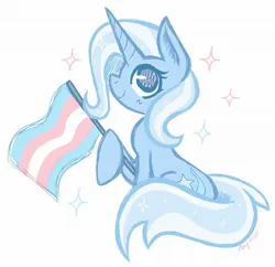 Size: 2048x1986 | Tagged: safe, artist:ammersarts, derpibooru import, trixie, pony, unicorn, ears up, horn, image, jpeg, pride flag, simple background, sitting, smiling, solo, stars, trans trixie, transgender