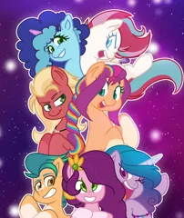 Size: 914x1086 | Tagged: safe, artist:mfmcares, derpibooru import, hitch trailblazer, izzy moonbow, pipp petals, sprout cloverleaf, sunny starscout, zipp storm, earth pony, pegasus, pony, unicorn, g5, abstract background, female, image, male, mane five (g5), mare, misty brightdawn, open mouth, png, stallion