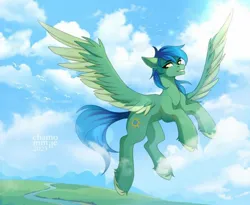 Size: 1280x1050 | Tagged: safe, artist:chamommile, derpibooru import, oc, oc:distant skies, unofficial characters only, pegasus, cloud, commission, flying, image, jpeg, sky background, ych result