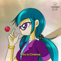 Size: 1920x1920 | Tagged: safe, artist:theratedrshimmer, derpibooru import, juniper montage, human, equestria girls, candy, chromatic aberration, female, food, image, jpeg, lollipop, meme, ponified meme, solo, this is cinema