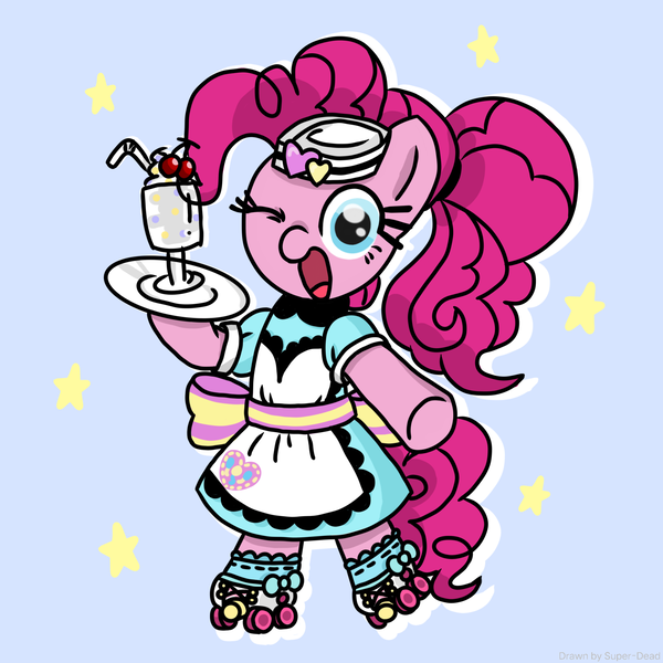 Size: 2048x2048 | Tagged: safe, artist:super-dead, derpibooru import, pinkie pie, earth pony, pony, clothes, female, food, hat, ice cream, image, looking at you, one eye closed, png, ponytail, roller skates, server pinkie pie, skates, solo, standing on two hooves, waitress