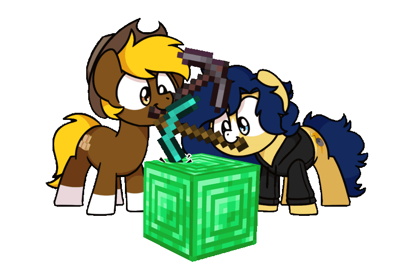 Size: 1200x800 | Tagged: safe, artist:sugar morning, derpibooru import, oc, oc:acres, oc:flash reboot, unofficial characters only, earth pony, pony, unicorn, animated, clothes, coat markings, commission, cowboy hat, diamond pickaxe, duo, earth pony oc, emerald block, facial markings, female, gif, hat, hoodie, horn, image, male, mare, minecraft, netherite pickaxe, pickaxe, simple background, socks (coat marking), stallion, stetson, sugar morning's miners, transparent background, unicorn oc, ych result