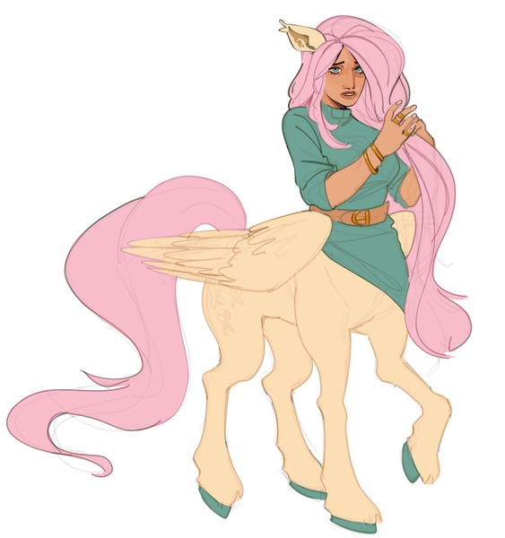 Size: 1900x2026 | Tagged: safe, artist:doctor-pepo, derpibooru import, fluttershy, centaur, taur, accessories, belt, bracelet, breasts, closed wing, clothes, colored hooves, female, image, jewelry, jpeg, looking at you, moderate dark skin, pony ears, race swap, raised hoof, ring, simple background, solo, tan skin, unshorn fetlocks, white background