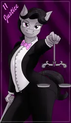 Size: 1100x1900 | Tagged: safe, alternate version, artist:sixes&sevens, derpibooru import, octavia melody, anthro, bowtie, clothes, curtains, image, justice, looking at you, major arcana, male, octavius, png, rule 63, scales, solo, suit, sword, tarot card, weapon