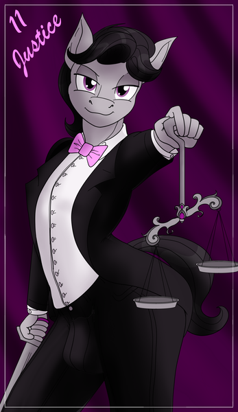 Size: 1100x1900 | Tagged: questionable, alternate version, artist:sixes&sevens, derpibooru import, octavia melody, anthro, bowtie, clothes, crotch bulge, curtains, image, justice, looking at you, major arcana, male, octavius, png, rule 63, scales, solo, solo male, suit, sword, tarot card, weapon