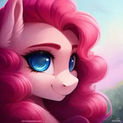 Size: 2048x2048 | Tagged: safe, derpibooru import, editor:be.yovrsxlf_, machine learning assisted, machine learning generated, purplesmart.ai, stable diffusion, pinkie pie, earth pony, pony, bust, ear fluff, eyebrows, female, fluffy hair, garden, image, looking at you, mare, morning, png, portrait, smiling, smiling at you, solo, solo female, text