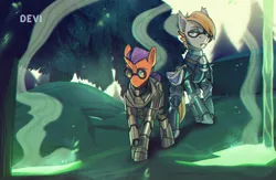 Size: 3376x2205 | Tagged: safe, artist:devi_shade, derpibooru import, oc, oc:ember eclipse, oc:glorious morning, unofficial characters only, alicorn, bat pony, fallout equestria, alicorn oc, armor, armored pony, background, bat pony oc, bat wings, fallout, forest, glasses, horn, image, male, png, radiation, tree, wasteland, wings
