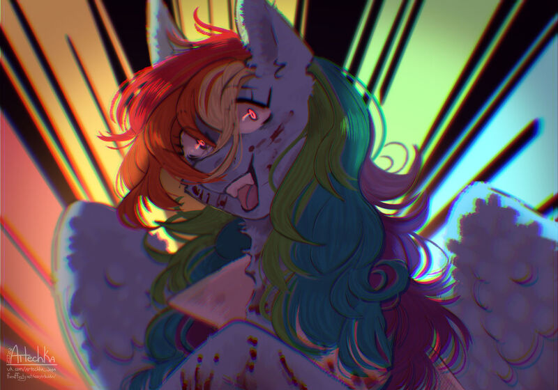 Size: 1280x896 | Tagged: safe, artist:artem66633, derpibooru import, rainbow dash, pegasus, pony, fanfic:rainbow factory, blood, fanfic art, female, glow, glowing eyes, high res, image, jpeg, mare, open mouth, open smile, sinister smile, smiling, solo, sunburst background