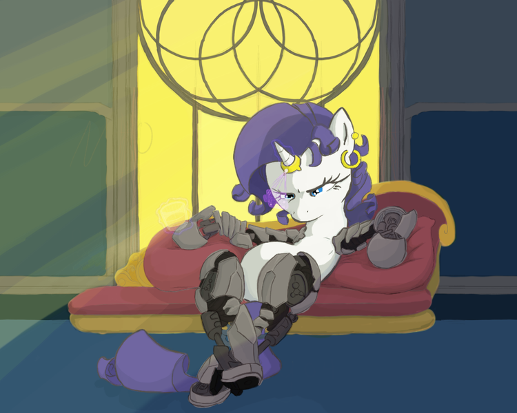 Size: 2000x1600 | Tagged: safe, artist:moronsonofboron, derpibooru import, edit, rarity, cyborg, alternate hairstyle, amputee, deus ex, deus ex: human revolution, fainting couch, hologram, horn, horn ring, i never asked for this, image, jewelry, png, prosthetics, ring, solo