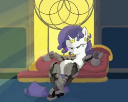 Size: 2000x1600 | Tagged: safe, artist:moronsonofboron, derpibooru import, edit, rarity, cyborg, alternate hairstyle, amputee, deus ex, deus ex: human revolution, fainting couch, hologram, horn, horn ring, i never asked for this, image, jewelry, png, prosthetics, ring, solo