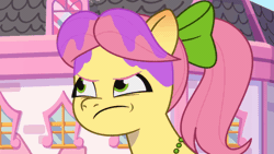 Size: 640x360 | Tagged: safe, derpibooru import, screencap, posey (g5), earth pony, pony, my little pony: tell your tale, spoiler:g5, spoiler:my little pony: tell your tale, spoiler:tyts01e22, angry, animated, bow, female, g5, gif, hair bow, image, mare, posey bloom is not amused, posey can't catch a break, red face, solo, unamused, wet, zipp's yes day