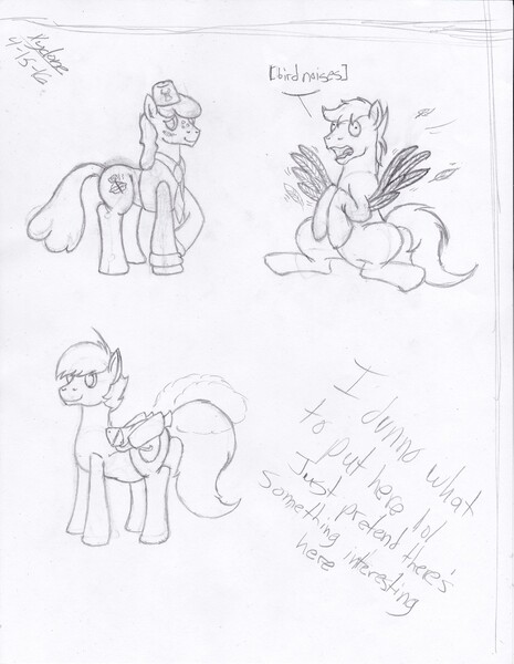 Size: 2552x3292 | Tagged: safe, artist:xyclone, derpibooru import, oc, oc:flashy, oc:humble pie, oc:ruby, unofficial characters only, earth pony, pegasus, pony, blushing, feather, image, jpeg, male, signature, sketch, smoke, stallion, traditional art