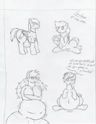 Size: 2552x3292 | Tagged: safe, artist:xyclone, derpibooru import, rainbow dash, oc, oc:glacia, oc:pepper dust, anthro, mermaid, pegasus, pony, belly, belly button, chubby, dialogue, image, jpeg, signature, sketch, stomach noise, traditional art