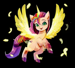 Size: 1213x1107 | Tagged: safe, artist:plusplus_pony, derpibooru import, sunny starscout, alicorn, earth pony, pony, my little pony: a new generation, alicornified, artificial horn, artificial wings, augmented, female, g5, horn, image, jpeg, looking at you, magic, magic horn, magic wings, mare, open mouth, open smile, race swap, smiling, smiling at you, solo, spread wings, sunnycorn, wings