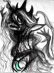 Size: 954x1280 | Tagged: safe, artist:luted, derpibooru import, princess luna, alicorn, pony, charcoal (medium), crown, female, image, jewelry, jpeg, monochrome, neo noir, partial color, regalia, solo, traditional art, watercolor painting