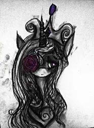 Size: 945x1280 | Tagged: safe, artist:luted, derpibooru import, princess cadance, alicorn, pony, charcoal (medium), crown, female, flower, image, jewelry, jpeg, mare, monochrome, neo noir, partial color, regalia, rose, solo, traditional art, watercolor painting