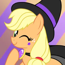 Size: 2000x2000 | Tagged: safe, artist:nitsuke_ill, derpibooru import, applejack, earth pony, pony, female, hat, image, jpeg, mare, one eye closed, solo, wink, witch, witch hat