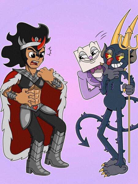 Size: 1536x2048 | Tagged: safe, artist:inkies299, derpibooru import, king sombra, human, abs, crossover, cuphead, emanata, gradient background, humanized, image, jpeg, king dice, midriff, pitchfork, style emulation, the devil, trio