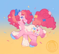 Size: 1070x970 | Tagged: safe, artist:plushparade, derpibooru import, pinkie pie, earth pony, blue eyes, bow, candy, colored hooves, confetti, food, g4, hair bow, image, jpeg, one eye covered, piebald coat, smiling, sprinkles, tail, unshorn fetlocks