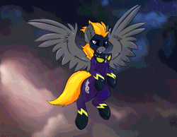Size: 929x720 | Tagged: safe, artist:avelisva, artist:kapusta123, derpibooru import, oc, oc:blaze (shadowbolt), unofficial characters only, pegasus, pony, animated, clothes, commission, costume, flying, gif, goggles, image, male, pegasus oc, shadowbolts, shadowbolts costume, solo, stallion, storm, stormcloud, wings, ych result