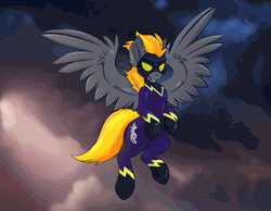 Size: 929x720 | Tagged: safe, alternate version, artist:avelisva, artist:kapusta123, derpibooru import, oc, oc:blaze (shadowbolt), unofficial characters only, pegasus, pony, animated, clothes, commission, costume, flying, gif, goggles, image, male, pegasus oc, shadowbolts, shadowbolts costume, solo, stallion, storm, stormcloud, wings, ych result