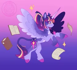 Size: 1070x970 | Tagged: safe, artist:plushparades, derpibooru import, part of a set, twilight sparkle, twilight sparkle (alicorn), alicorn, pony, book, cloven hooves, colored wings, g4, glasses, hair tie, horn, image, jewelry, jpeg, leonine tail, long horn, necklace, ponytail, purple eyes, quill, scroll, spread wings, tail, two toned mane, two toned tail, two toned wings, wings