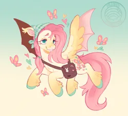 Size: 1070x970 | Tagged: safe, artist:plushparades, derpibooru import, part of a set, fluttershy, bat pony, butterfly, hybrid, insect, pegasus, bag, bat ears, bat ponified, bat wings, colored wings, fangs, flutterbat, flying, g4, hybrid wings, image, jpeg, messenger bag, pins, race swap, spread wings, teal eyes, two toned wings, wings