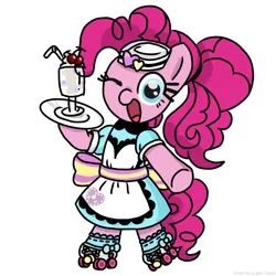 Size: 2048x2048 | Tagged: safe, artist:super-dead, derpibooru import, pinkie pie, earth pony, pony, bipedal, carhop, clothes, female, food, hat, ice cream, image, looking at you, one eye closed, png, ponytail, roller skates, server pinkie pie, simple background, skates, solo, standing on two hooves, waitress, white background