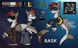 Size: 4863x3000 | Tagged: safe, artist:selenophile, derpibooru import, oc, oc:bask, unofficial characters only, hippogriff, merpony, original species, pony, seapony (g4), shark, shark pony, amulet, blind, bomber jacket, bubble, clothes, commission, cutie mark, dorsal fin, elite dangerous, eyewear, fin, fin wings, fins, fish tail, gills, high res, image, jacket, jewelry, male, ocean, png, reference sheet, science fiction, solo, tail, underwater, water, wings