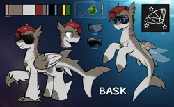 Size: 4863x3000 | Tagged: safe, alternate version, artist:selenophile, derpibooru import, oc, oc:bask, unofficial characters only, hippogriff, merpony, original species, pony, seapony (g4), shark, shark pony, amulet, blind, commission, cutie mark, dorsal fin, elite dangerous, eyewear, fin, fin wings, fins, fish tail, gills, high res, image, jewelry, male, png, reference sheet, science fiction, tail, underwater, water, wings