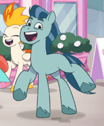 Size: 223x271 | Tagged: safe, derpibooru import, screencap, earth pony, pegasus, pony, my little pony: tell your tale, spoiler:g5, spoiler:my little pony: tell your tale, spoiler:tyts01e41, a day in the life, animated, cropped, cute, dancing, female, flare (g5), g5, gif, image, jazz hooves, male, mare, open mouth, open smile, rufus, smiling, solo focus, stallion