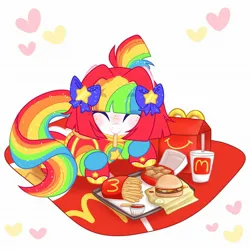Size: 2048x2048 | Tagged: safe, artist:moonydropps, derpibooru import, oc, oc:pickles, earth pony, pony, bow, burger, clothes, eyes closed, female, food, hair, hair bow, hoodie, image, jpeg, mane, mare, mcdonald's, solo, tail