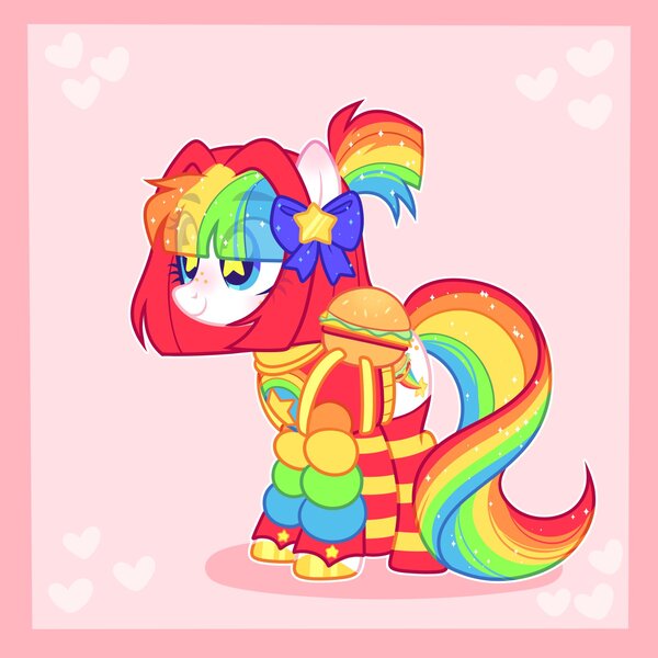 Size: 2048x2048 | Tagged: safe, artist:moonydropps, derpibooru import, oc, oc:pickles, earth pony, pony, bow, burger, clothes, food, hair bow, hoodie, image, jpeg, smiling, socks, solo, starry eyes, wingding eyes