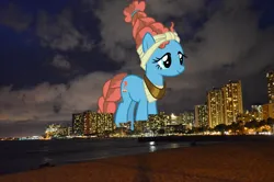 Size: 2047x1356 | Tagged: safe, derpibooru import, edit, editor:jaredking779, meadowbrook, earth pony, pony, female, giant pony, giant/macro earth pony, giantess, hawaii, highrise ponies, honolulu, image, irl, jpeg, macro, mare, mega giant, photo, ponies in real life, smiling, solo