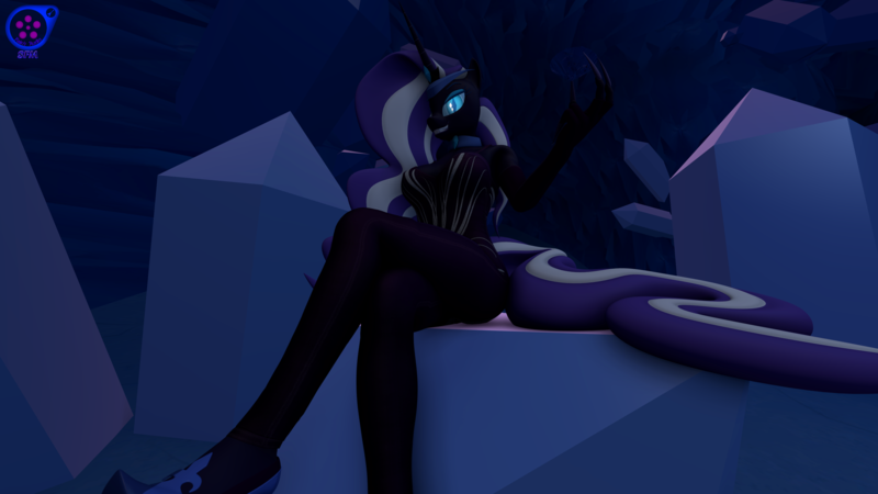 Size: 3840x2160 | Tagged: safe, artist:rainsstudio, derpibooru import, nightmare rarity, anthro, plantigrade anthro, unicorn, 3d, big breasts, breasts, busty nightmare rarity, clothes, crossed legs, crystal caverns, female, fingerless gloves, gem, gloves, glow, glowing eyes, high heels, image, leotard, long gloves, long nails, nexgen, png, shoes, sitting, solo, source filmmaker