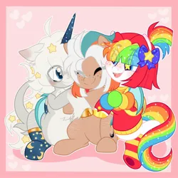 Size: 2048x2048 | Tagged: safe, artist:moonydropps, derpibooru import, oc, oc:aster, oc:pickles, oc:toyytrove, unofficial characters only, bat pony, earth pony, pony, unicorn, bow, clothes, eyes closed, hair bow, hoodie, horn, image, jpeg, open mouth, open smile, sitting, smiling, socks, spread wings, stars, wings
