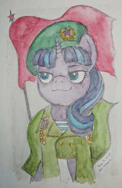 Size: 1336x2048 | Tagged: safe, artist:daisymane, derpibooru import, starlight glimmer, pony, unicorn, beret, clothes, communism, female, flag, hat, image, jpeg, mare, military uniform, s5 starlight, smiling, solo, stalin glimmer, traditional art, uniform