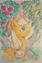 Size: 1376x2048 | Tagged: safe, artist:daisymane, derpibooru import, applejack, pony, bust, female, image, intertwined trees, jpeg, looking up, mare, profile, solo, traditional art, tree