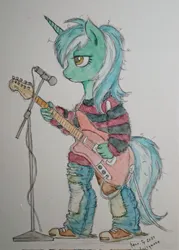 Size: 1463x2048 | Tagged: safe, artist:daisymane, derpibooru import, lyra heartstrings, anthro, plantigrade anthro, pony, unicorn, clothes, electric guitar, female, grunge, guitar, image, jeans, jpeg, lidded eyes, mare, microphone, musical instrument, pants, ripped jeans, ripped pants, shirt, solo, striped shirt, torn clothes, traditional art