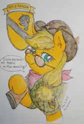 Size: 1386x2048 | Tagged: safe, artist:daisymane, derpibooru import, applejack, earth pony, pony, cavalry stetson, clothes, dialogue, glasses, gun, hat, image, jpeg, lidded eyes, looking at you, neckerchief, patch, rifle, smiling, smiling at you, solo, speech bubble, talking to viewer, traditional art, uniform, weapon
