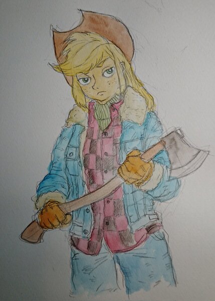 Size: 1463x2048 | Tagged: safe, artist:daisymane, derpibooru import, applejack, human, equestria girls, axe, clothes, denim, gloves, image, jacket, jeans, jpeg, looking at you, pants, plaid shirt, shirt, solo, traditional art, weapon